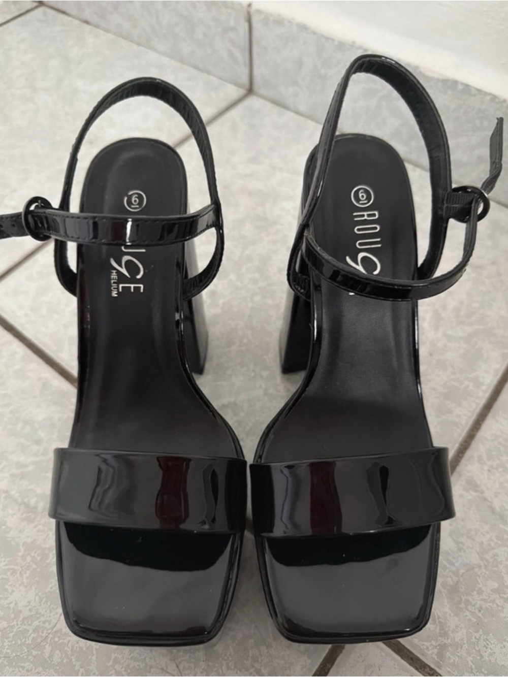 Rouge Helium Black Patent Block Heel Sandals - Women's